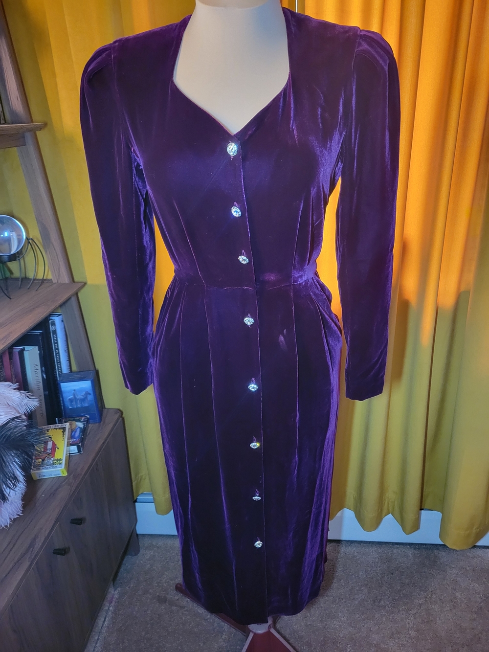 Liz Claiborne Deep Purple Velvet Midi Dress with Decorative Buttons